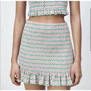 Zara Floral Smocked Mini Skirt Pink Green Ruffle Hem Stretchy Sz S Boho Coquette